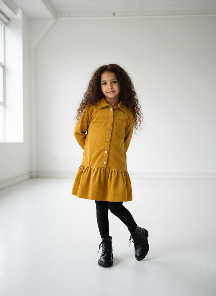 dress bold corduroy shirt style with ruffle hem - honey