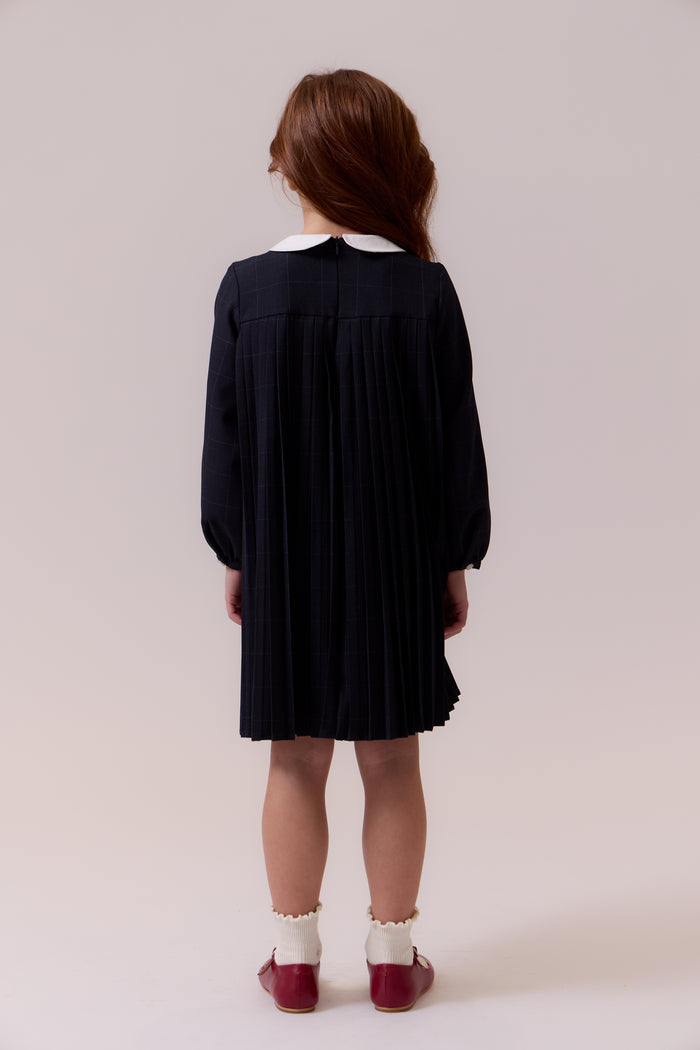 dress subtle plaid pleated with collar - navy