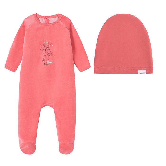 footie velour girl in the snow with hat - pink