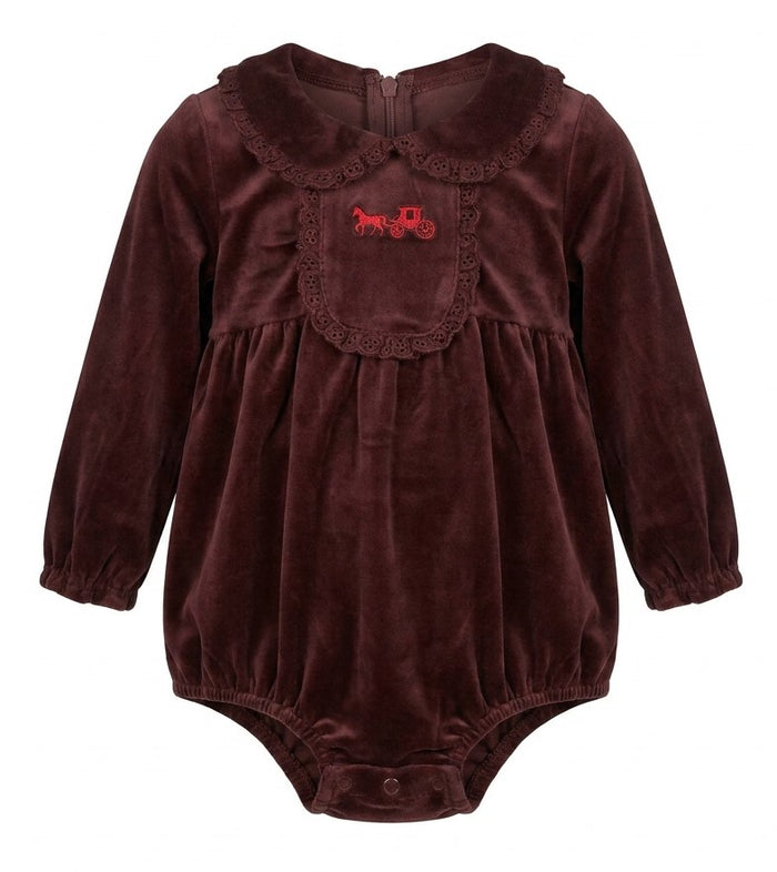 one piece velour eyelet trim detail romper with collar - dark burgundy