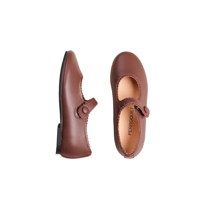 shoes round front mary jane with scallop piping - brown/brown trimming