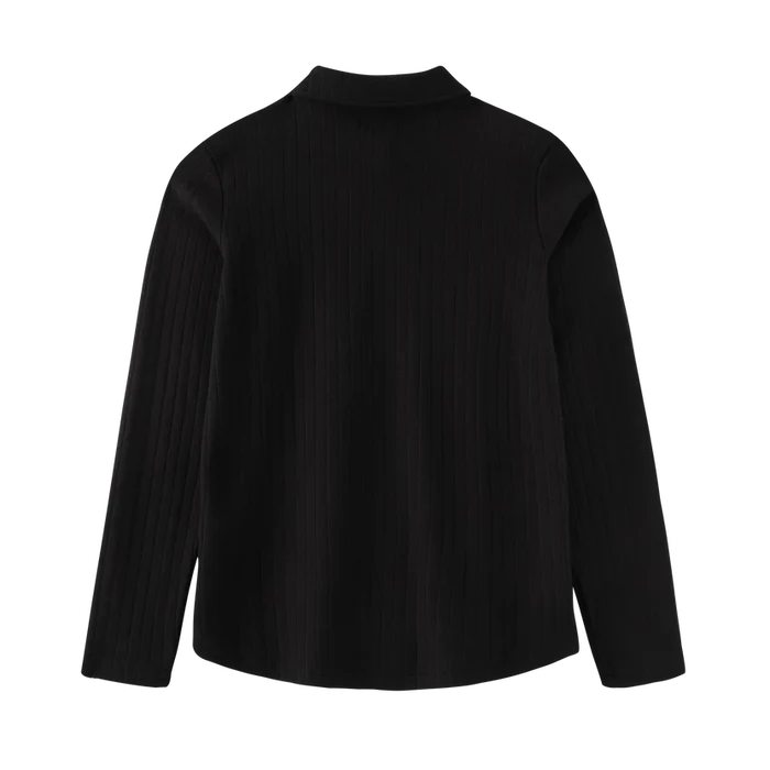 tee l/s ribbed button collar - black