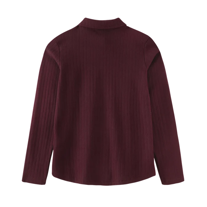 tee l/s ribbed button collar - burgundy