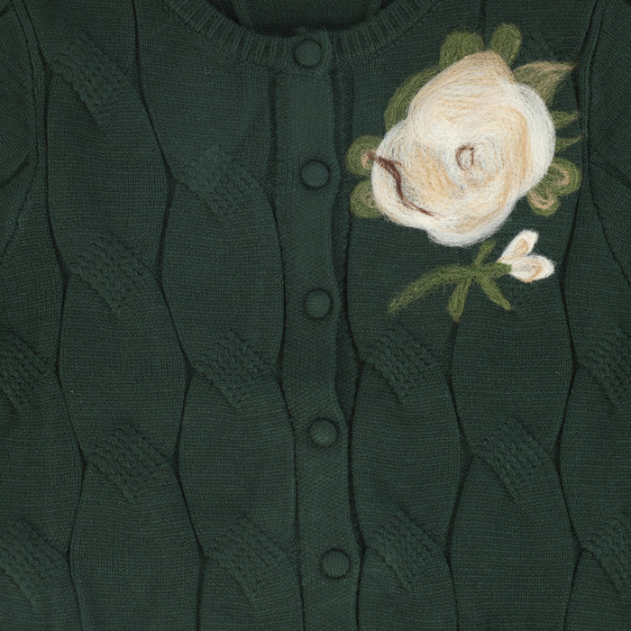 top l/s large cable knit flower cardigan - green