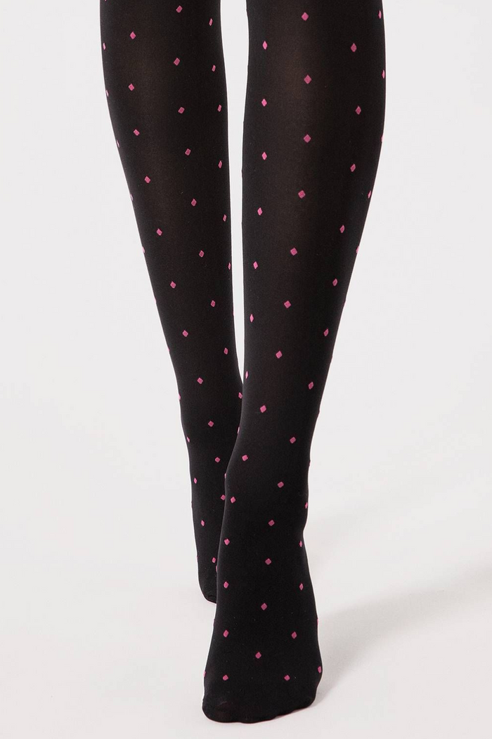 Fiore Volcan Patterned Hold Ups Black & Pink 40 Denier