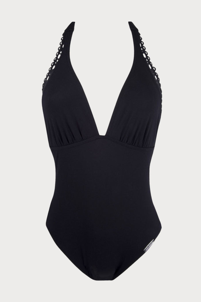 Ajourage Couture Plunging Back Halter Swimsuit in Black, Size L (UK 14)