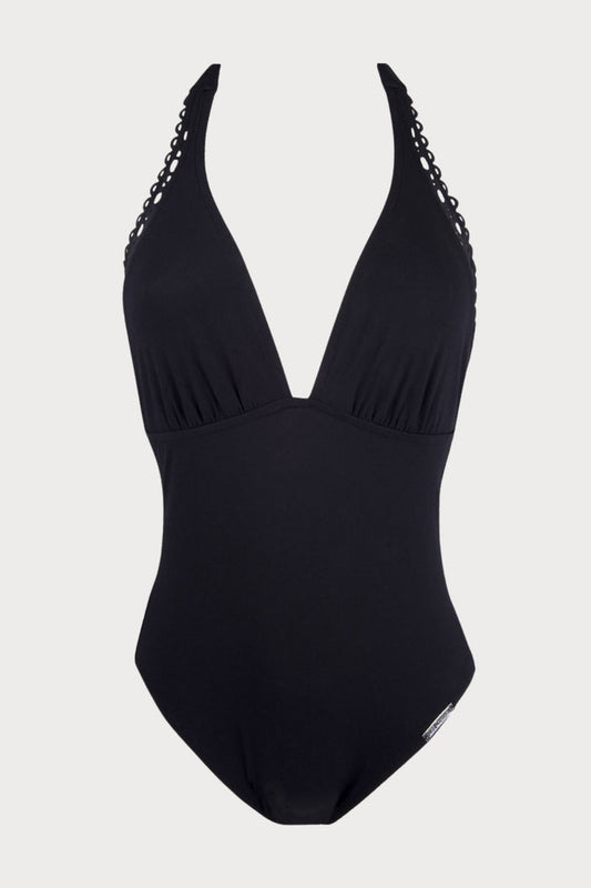 Ajourage Couture Plunging Back Halter Swimsuit in Black, Size L (UK 14)