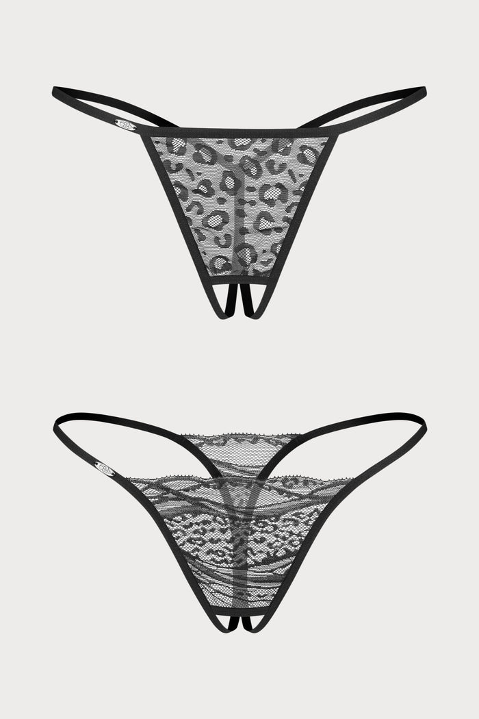 Bianca Black Lace Crotchless Mini Thong Set