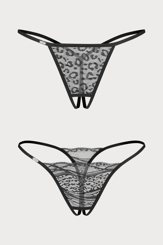 Bianca Black Lace Crotchless Mini Thong Set