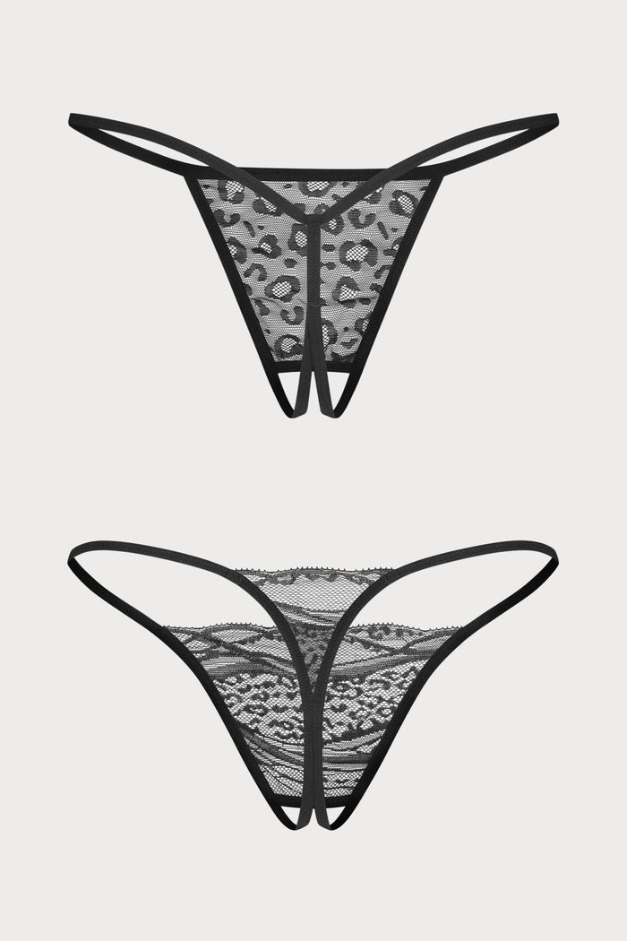 Bianca Black Lace Crotchless Mini Thong Set