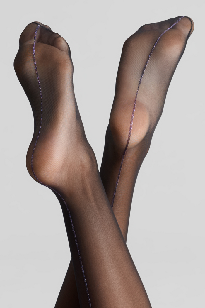 Maison Close Cut & Curled Lurex Purple Seam Stockings 20 Denier Black
