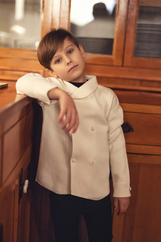 blazer double breasted knit velvet button - cream-97