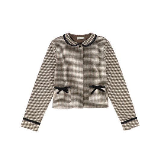 blazer wool checkered velour detail with bow - brown
