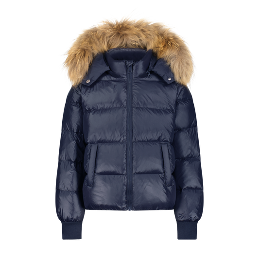 coat classic down with fur trim hood  - navy