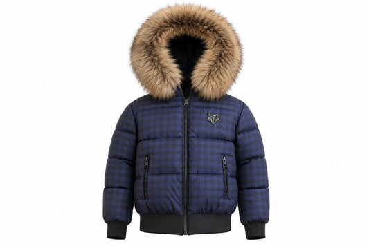 coat padded checkered with fur hood - navy