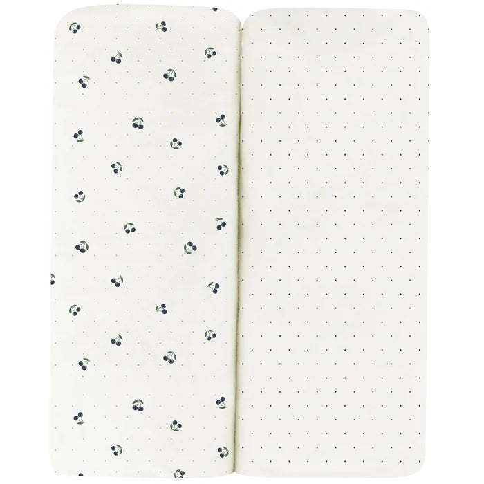 crib sheet blue cherry pack n play - white