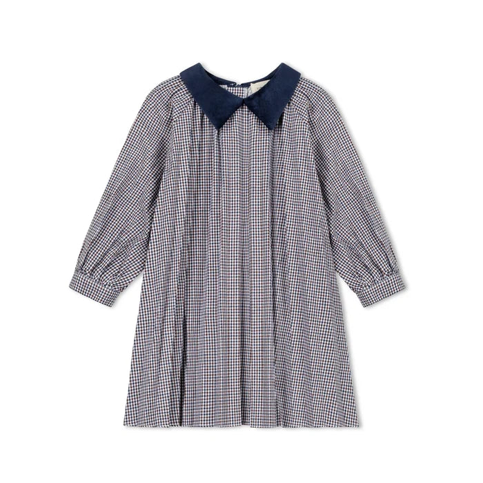 dress gingham flowy with velvet collar - navy