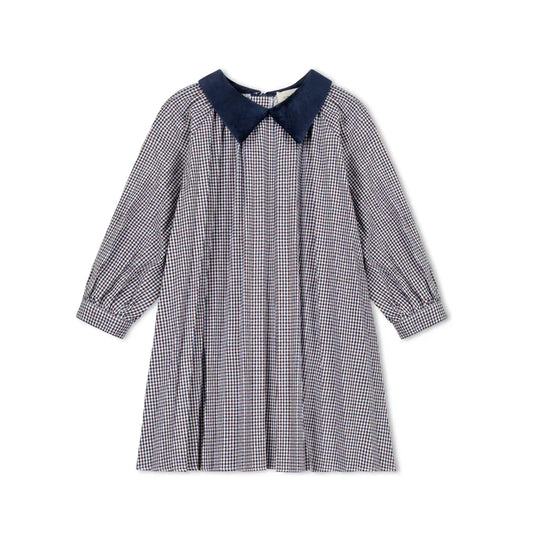 dress gingham flowy with velvet collar - navy