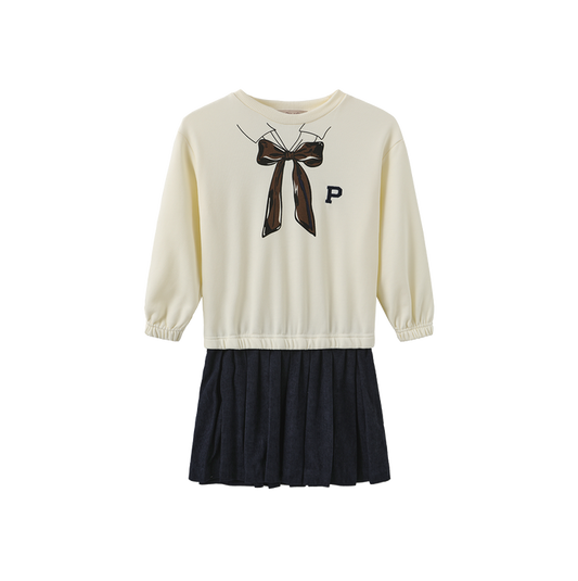 dress graphic bow tie sweat pleated bottom - cream