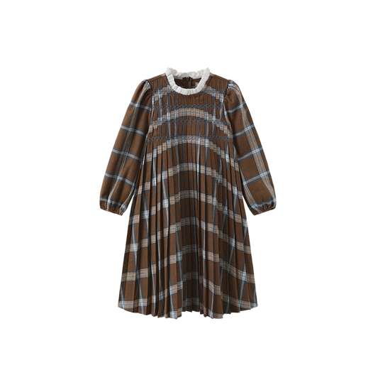 dress plaid pleated with knit collar - brown