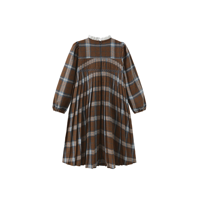 dress plaid pleated with knit collar - brown