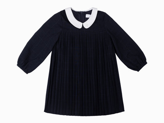 dress subtle plaid pleated with collar - navy