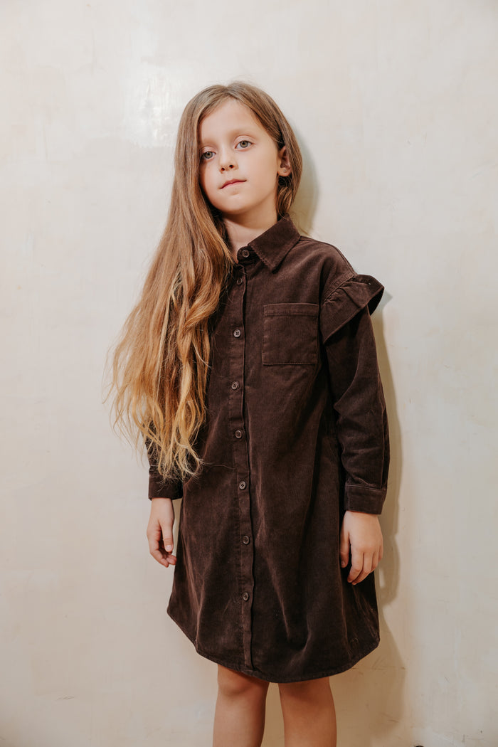 dress washed corduroy ruffled shirt style - chocolate-493