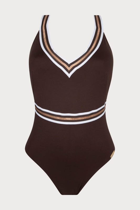 Lise Charmel Energie Nautique Taupe Crossed Back Swimsuit - Naughty Knickers