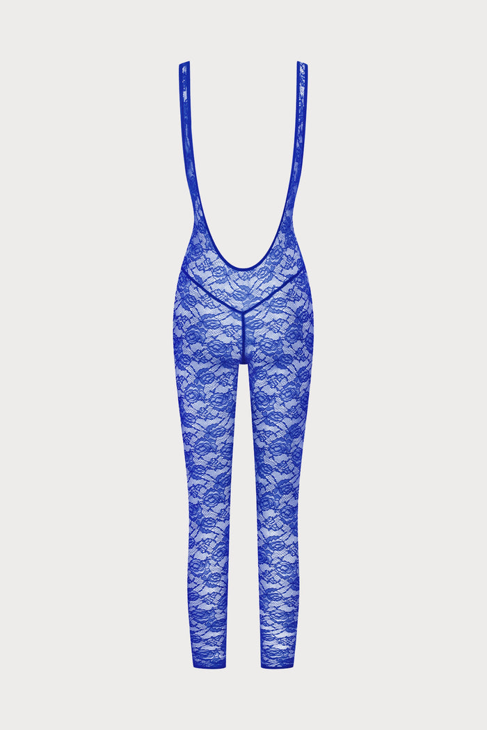 Maison Close Flashback Lace Open Back Jumpsuit Neon Blue