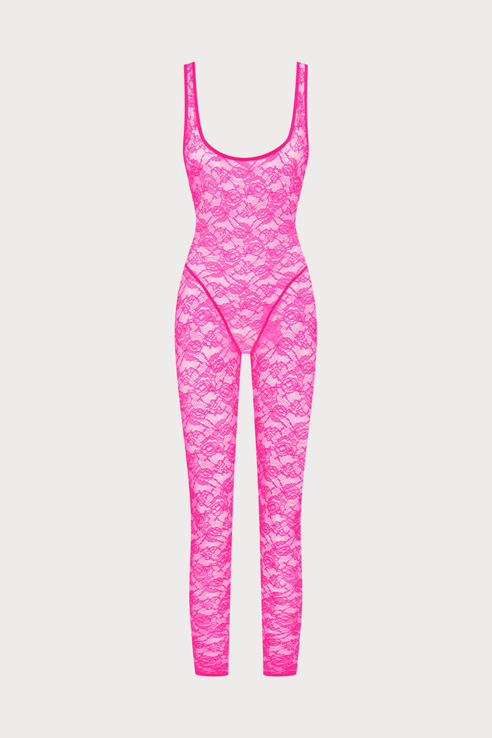 Maison Close Flashback Lace Open Back Jumpsuit Neon Pink