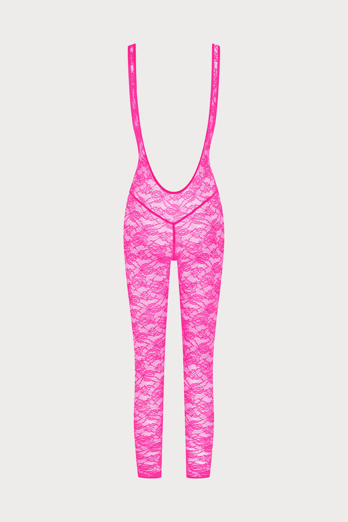 Maison Close Flashback Lace Open Back Jumpsuit Neon Pink