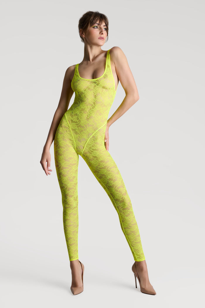 Maison Close Flashback Lace Open Back Jumpsuit Neon Yellow