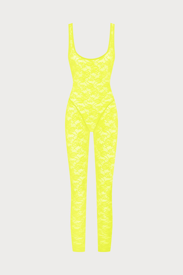 Maison Close Flashback Lace Open Back Jumpsuit Neon Yellow