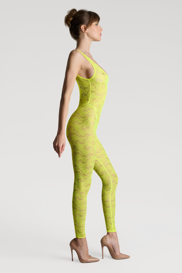 Maison Close Flashback Lace Open Back Jumpsuit Neon Yellow