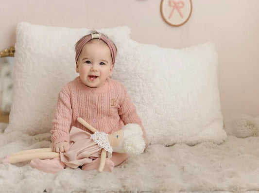 footie embroidered collar knit with pointelle cardigan and bonnet - pink