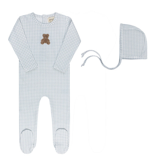 footie gingham sherpa teddy with bonnet - blue
