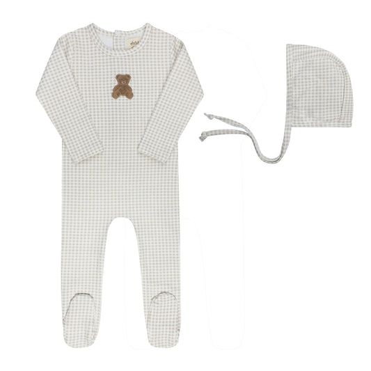 footie gingham sherpa teddy with bonnet - tan