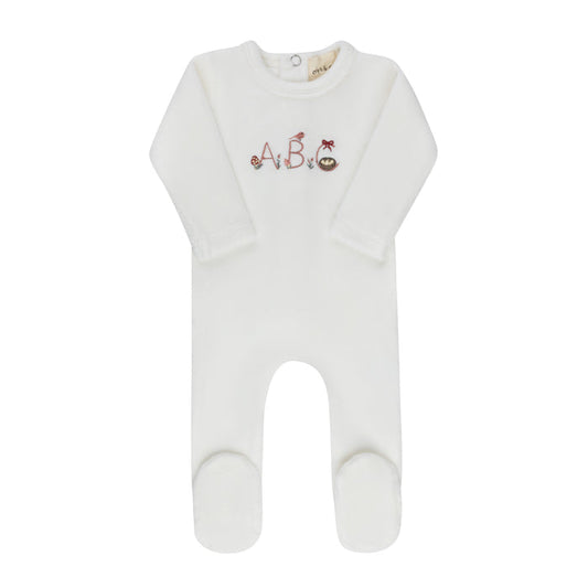 footie velour embroidered abc - ivory girl