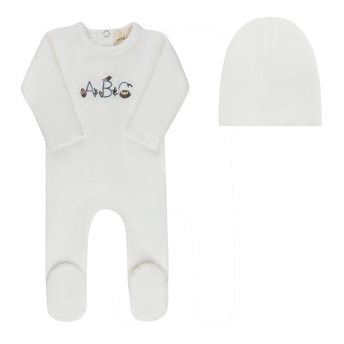 footie velour embroidered abc with beanie - ivory boy