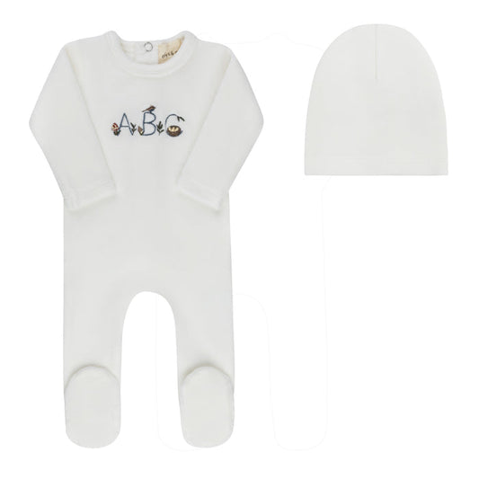 footie velour embroidered abc with beanie - ivory boy