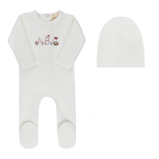 footie velour embroidered abc with beanie - ivory girl