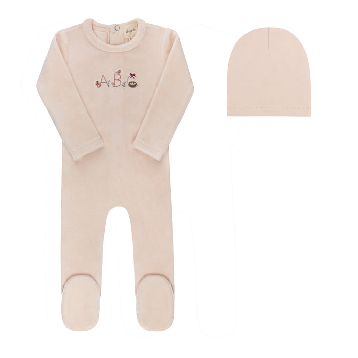 footie velour embroidered abc with beanie - pink