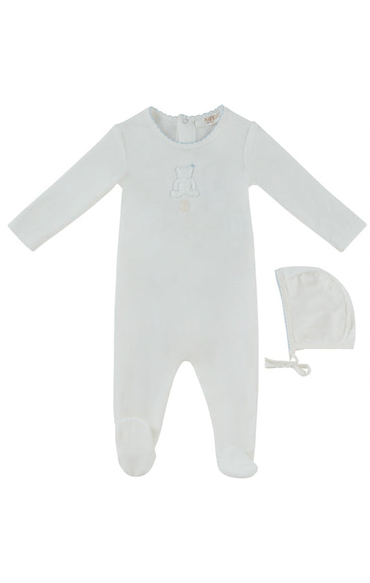 footie velour sherpa bear with bonnet - white/blue