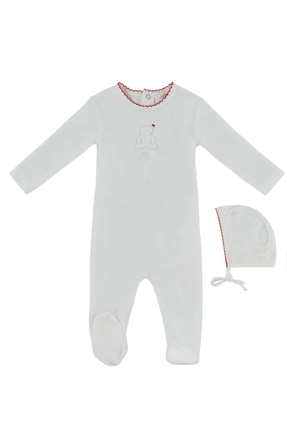footie velour sherpa bear with bonnet - white/red