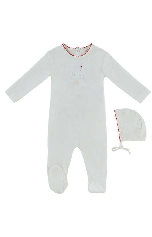 footie velour sherpa bear with bonnet - white/red