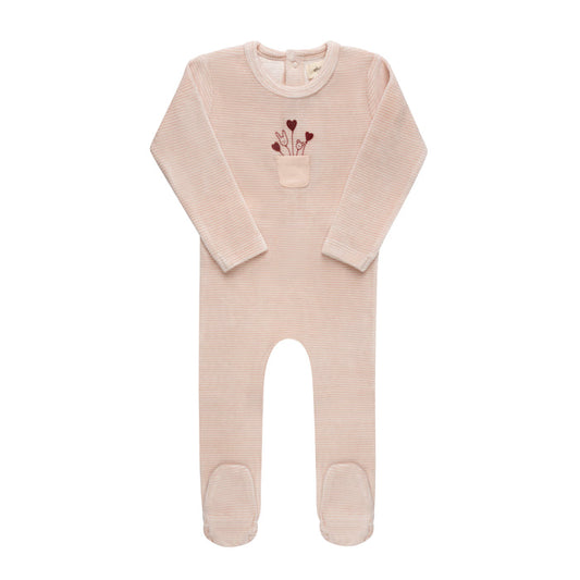 footie velour striped balloon pocket - ivory/pink