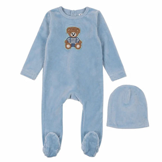 footie velour teddy with beanie - blue bear