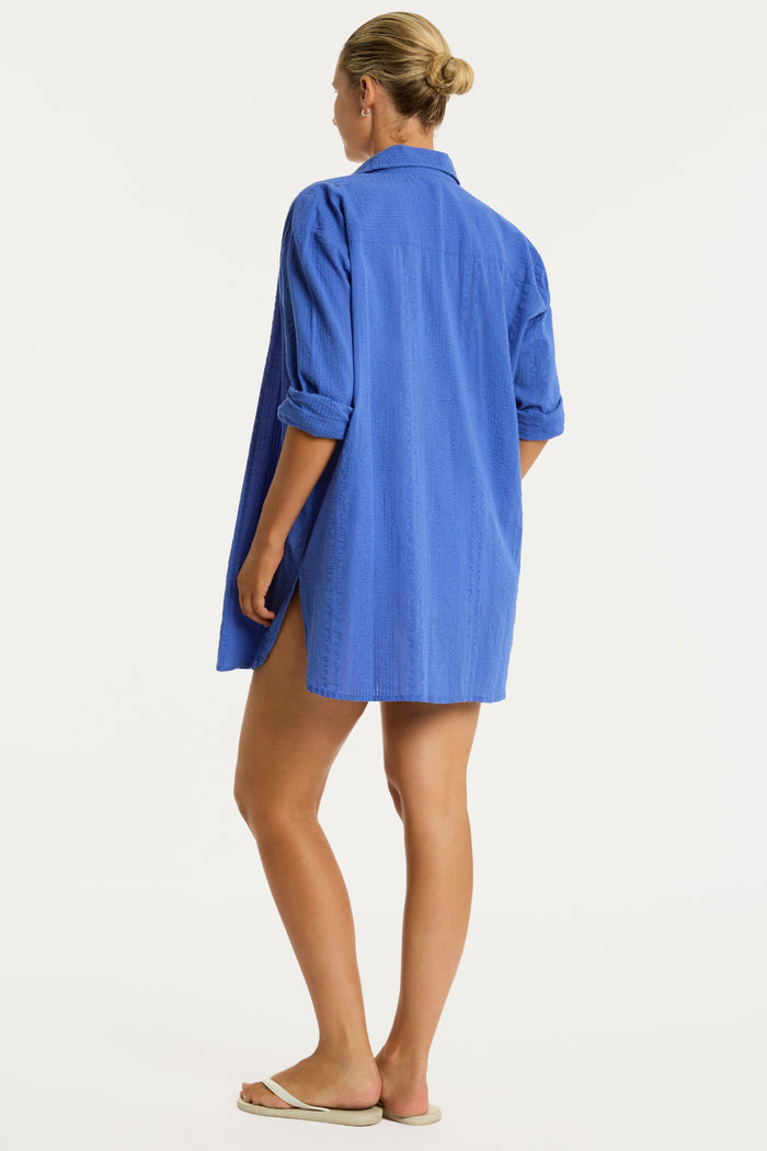 Heatwave Blue Cotton Cover Up Shirt, Size L (UK 14)