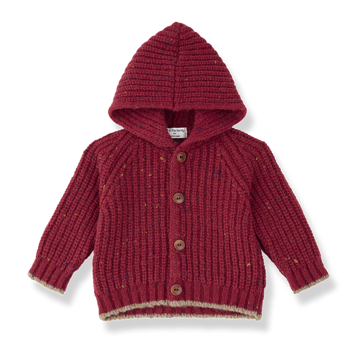 jacket chunky knit speckled button up with hood - fiamma red