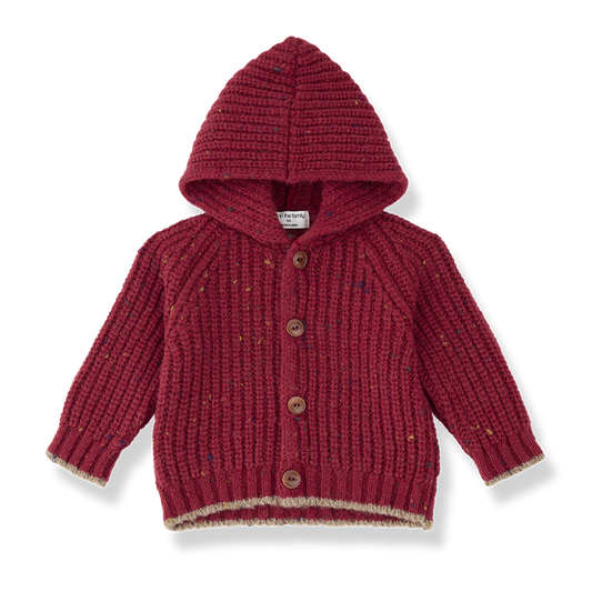 jacket chunky knit speckled button up with hood - fiamma red